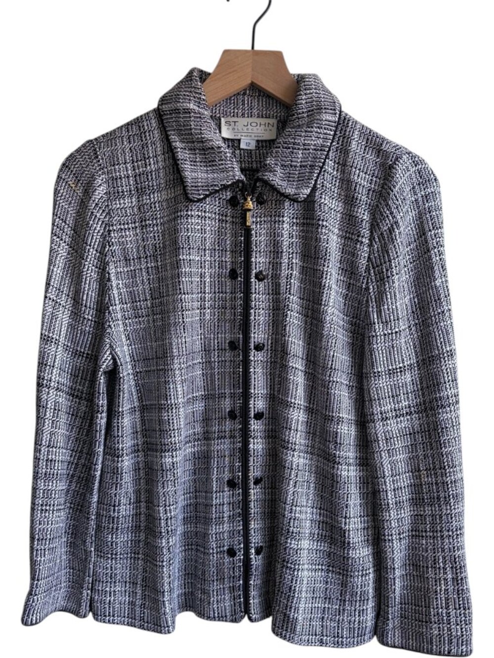 St. John Collection Tweed Zip-Up Knit Jacket Blazer Plaid Size 12